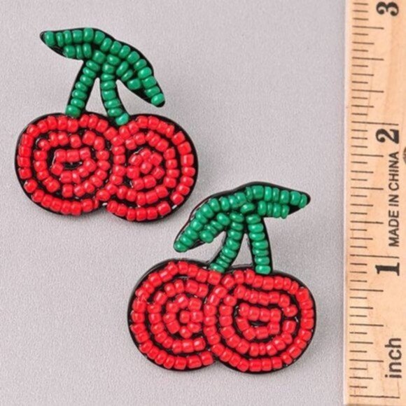 Cheerful Beaded Cherry Earrings - Picture 2 of 2